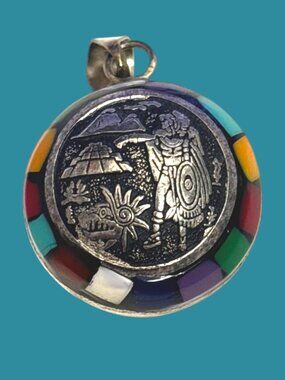 Mexican Aztec Calendar Double Sided Silver Pendant Harmony Ball with Bell